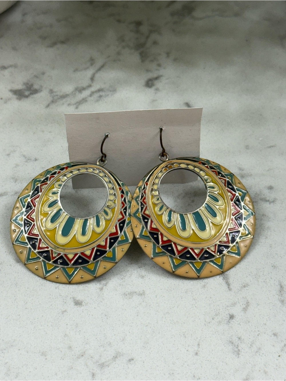 Bohemian Multicolor Enamel Hoop Drop Earrings Geometric Western Tribal Fair